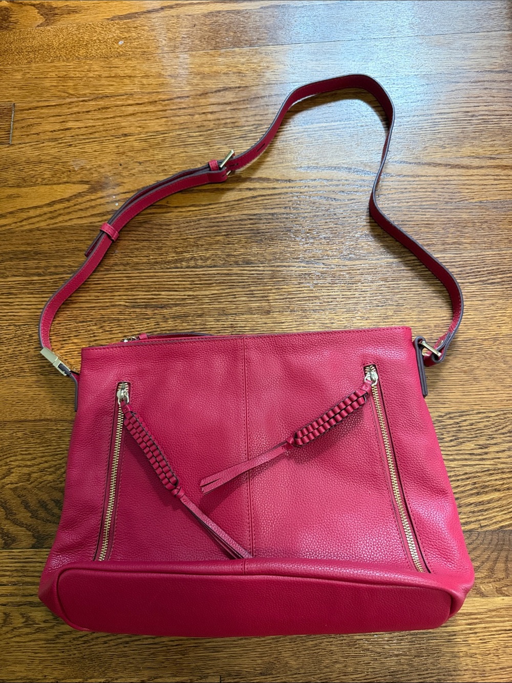 Lodis Raspberry Red Leather Hobo Crossbody with Braided Tassels